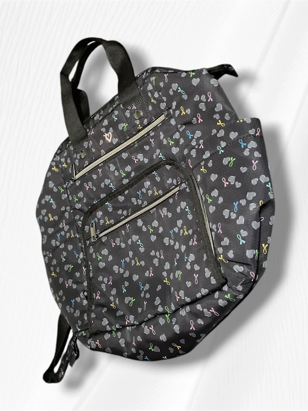 HeartSoul Bella Convertible Backpack Tote Bag Awareness Ribbons Hearts Black